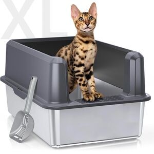 Gray and White Cat Litter Box with Scoop